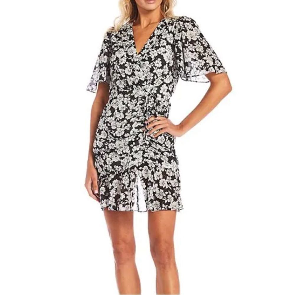 Alex Marie Petite Suzy Floral Print Wrap V-Neck SS Mini Dress wht/blk 10 nwt